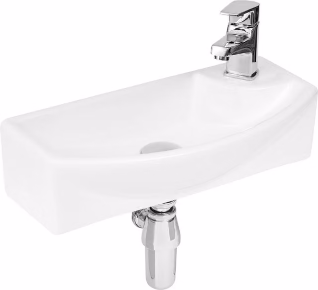 Balterley White D-Shaped Wall Hung Bathroom Basin with 1 Tap Hole, Width: 45 cm, Depth: 15 cm, Height: 15 cm
