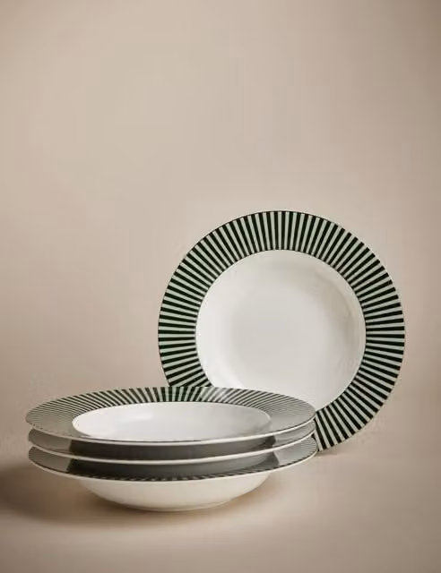 M&S Set of 4 Green Striped Bone China Hampton Pasta Bowls