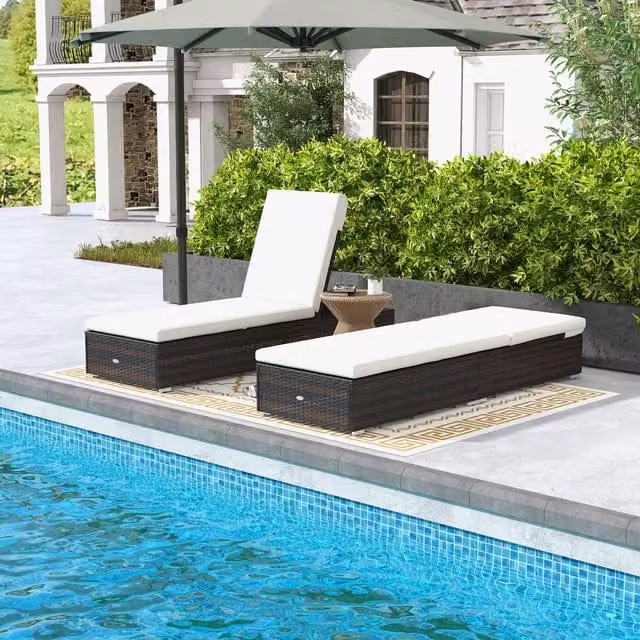 Outsunny Set of 2 Single PE Rattan Sun Loungers with Adjustable Back and Weatherproof Cushions, Cream White