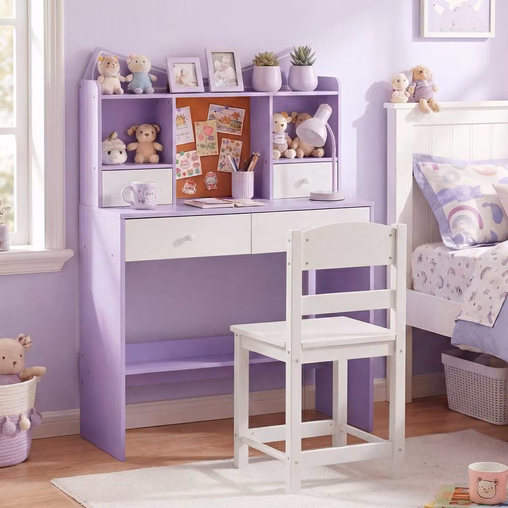 Costway Kids Study Desk and Chair Set, Purple Wooden Writing Table with 4 Drawers – 4