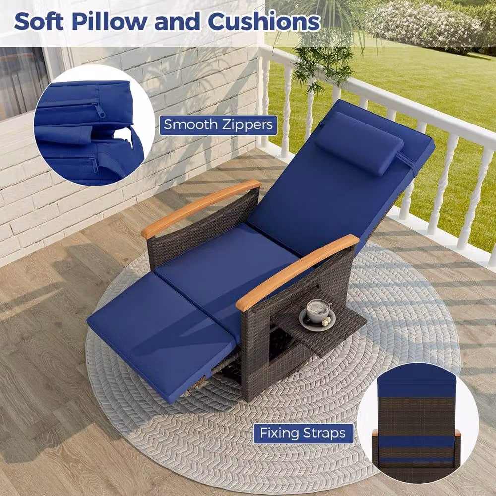 Costway 360 Degree Swivel Rattan Recliner Chair with Adjustable Headrest and Side Tray in Navy Blue – 3