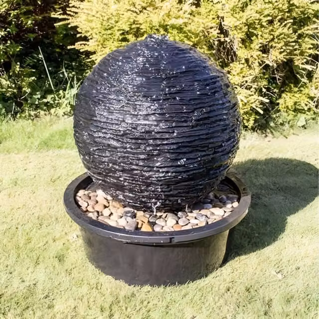 Primrose Torver Textured Layered Slate Effect Sphere Water Feature with Lights in Black