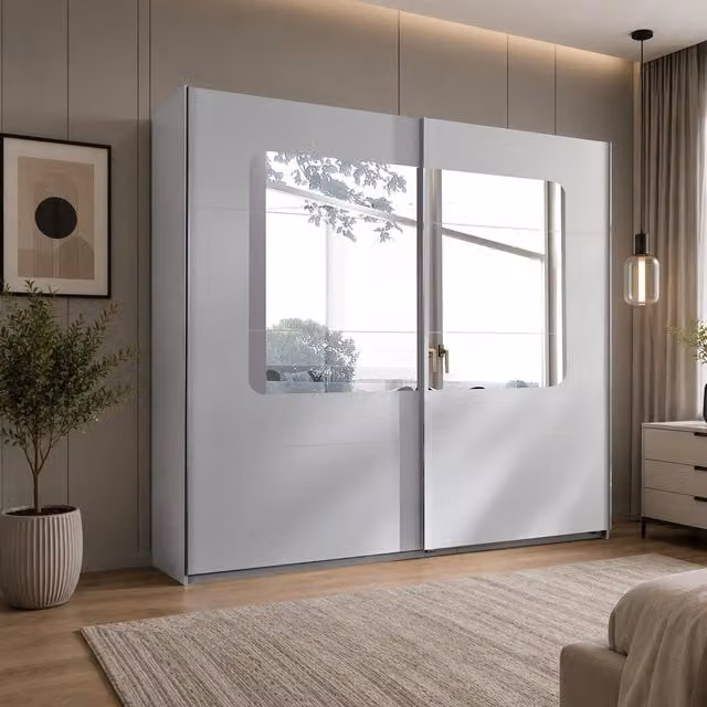 Bergen White and Oak 270cm Sliding Mirrored Wardrobe with Internal Shelves and Hanging Rod