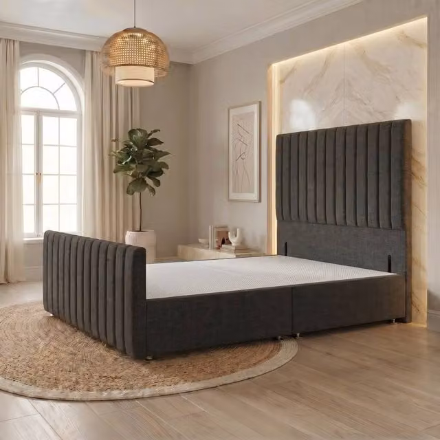 Somnior Eleanor Linen Divan Base with Headboard and Footboard, Dark Grey, W/D/H: 90 x 190 x 137.16 cm – 1