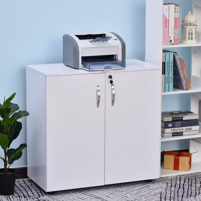 HOMCOM White 2-Tier Locking Office Storage Cabinet with Hinged Doors and Internal Shelves