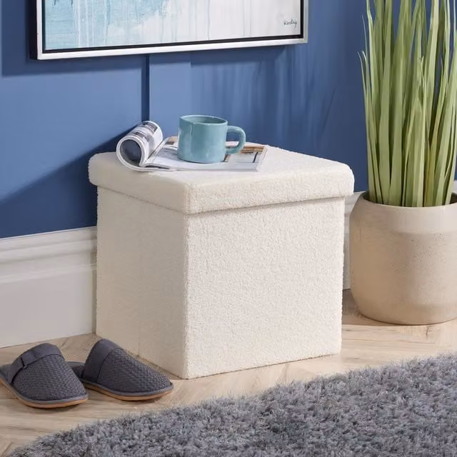 Home Source Folding Ottoman in Cream Boucle Fabric, W/D/H: 38 x 38 x 38 cm – 1