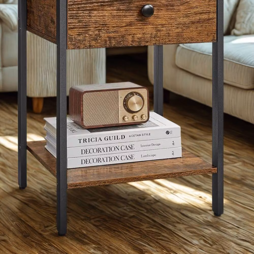 Pirlo Plush Industrial Bedside Table with Drawer and Shelf in Rustic Brown – 2
