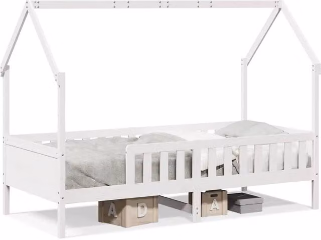 Berkfield Home Kids House Bed Frame in White Solid Pine, W/D/H: 90 x 200 cm
