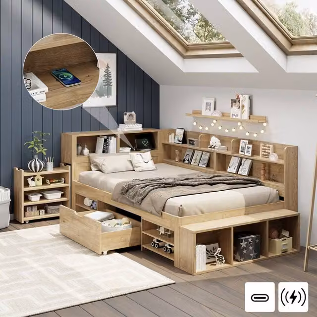 BTM multifunctional children's bed with drawers and bookcase storage in sand, W/D/H: 140 x 200 cm – 1