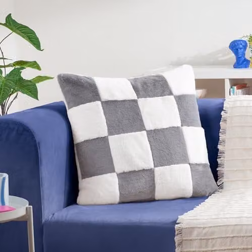 Heya Home Cozee Check Faux Fur Cushion in Blue, W/D/H: 50 x 50 x 50 cm – 2
