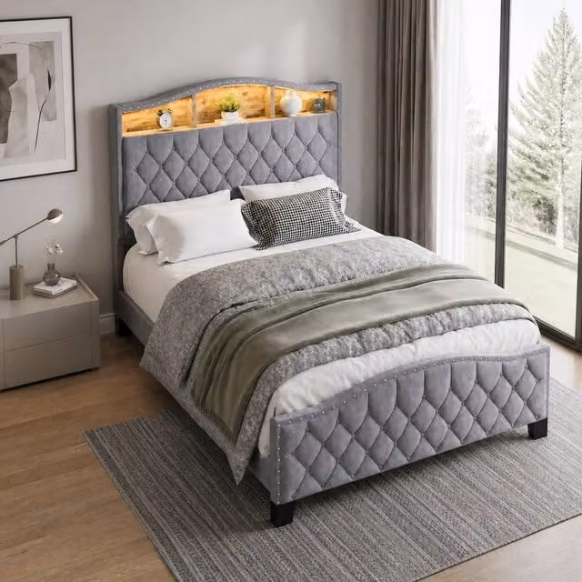 Merax Grey Velvet Upholstered Double Bed Frame with Storage and LED Headboard W/D/H: 140.5 x 200 x 140.5 cm
