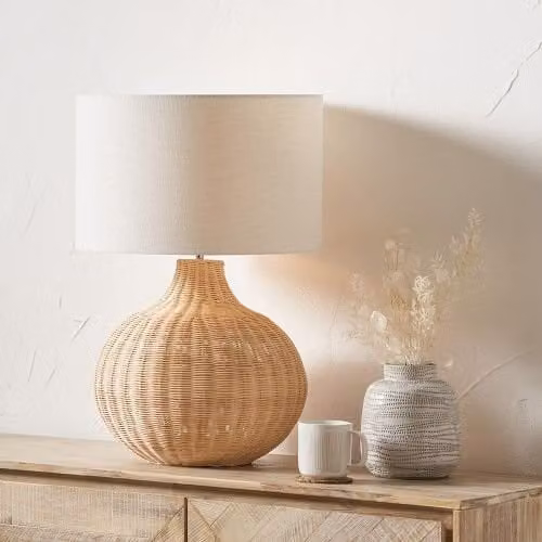 Ruma Round Rattan Table Lamp with Beige Cylinder Shade