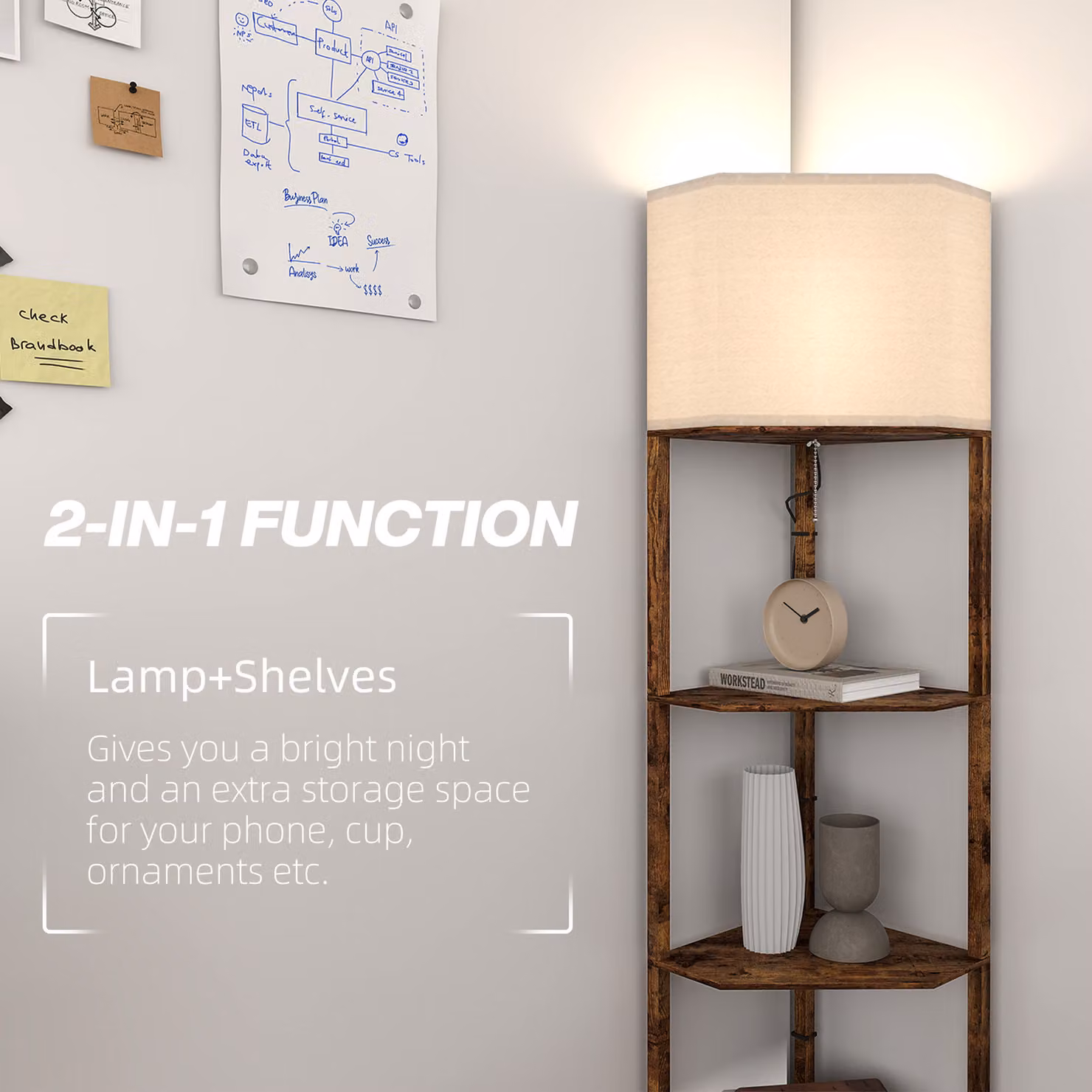 HOMCOM Modern Corner Floor Lamp with Shelves in Rustic Brown – 3