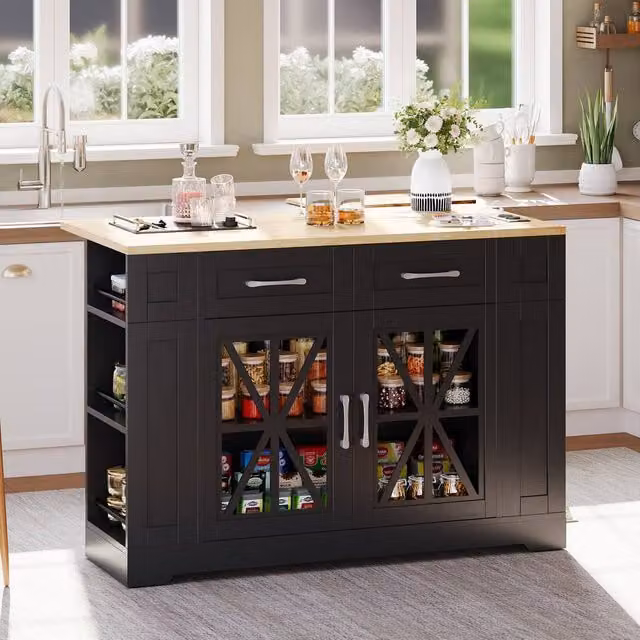 Merax Mobile Kitchen Island Trolley with Foldable Tabletop and Storage Cabinet in Black – 1