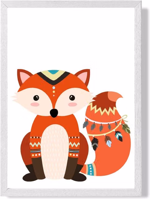 ARTZE Red Fox Tribal Animal Framed Print in White, A2 Size