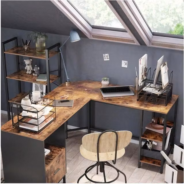 VASAGLE L-Shaped Industrial Corner Office Desk in Bronze, Brown and Black