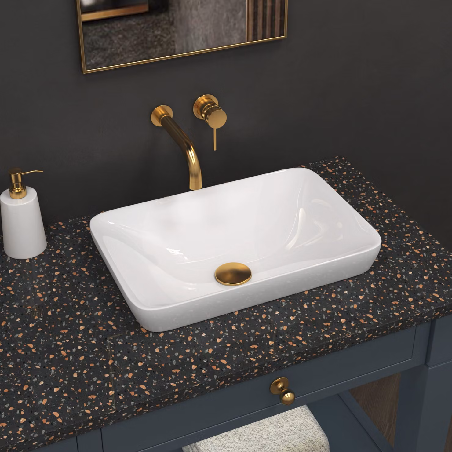 Royal Bathroom Qubix Rectangular Ceramic Countertop Basin Vessel, White, Width: 52 cm
