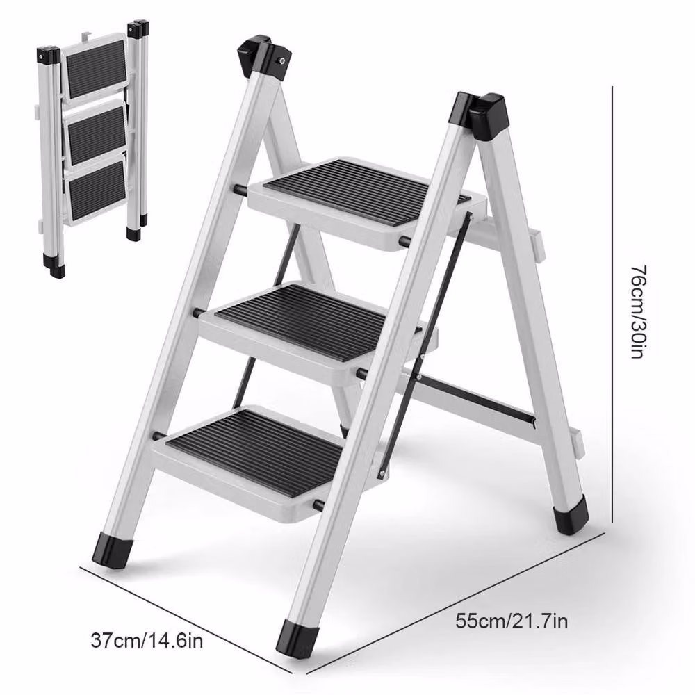 FLAVORA White 3 Step Folding Steel Ladder with Rubber Feet – 2