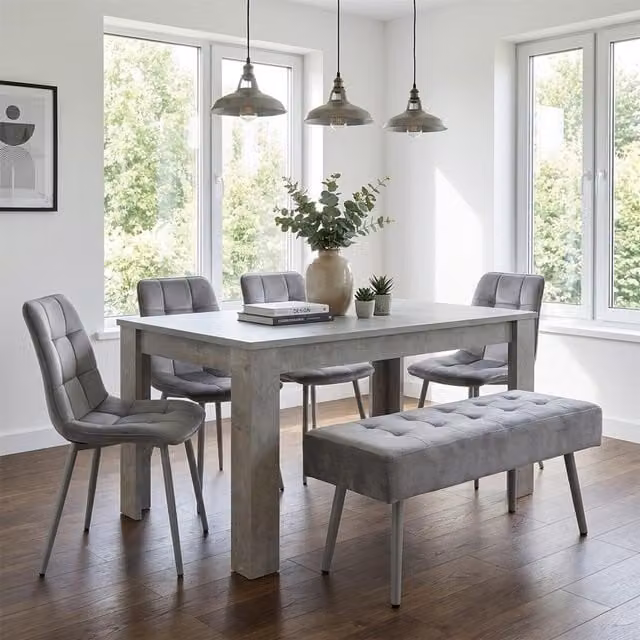 KOSY KOALA Modern Wooden Dining Furniture Set in Brown and Grey with 4 Grey Velvet Chairs and 1 Bench – 1