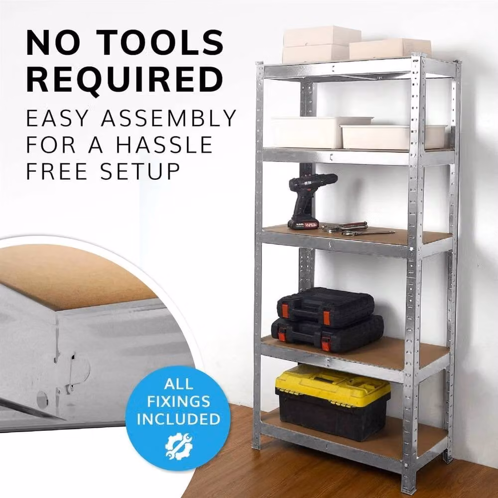 VOGREX 5-Tier Heavy Duty Boltless Steel Shelving with Adjustable MDF Shelves in Silver – 2
