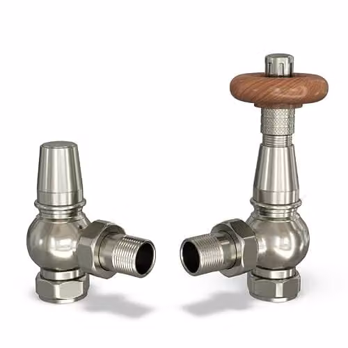 UK Radiators Brushed Silver Nickel Thermostatic Radiator Valve and Angled Lockshield Set, Traditional Design, 1/2" x 15mm
