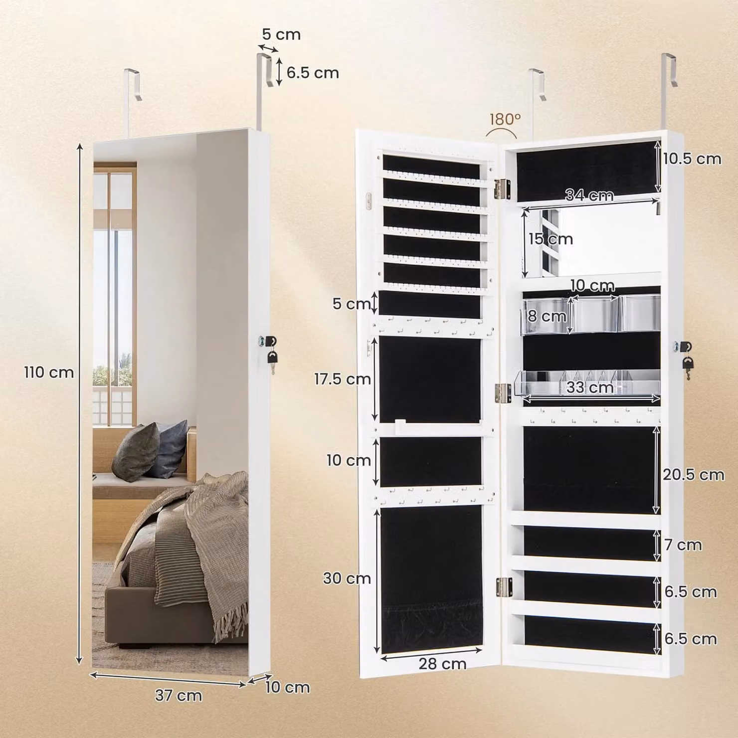 Costway Wall Mounted Jewellery Cabinet with Full Length Mirror and Lock, White – 2