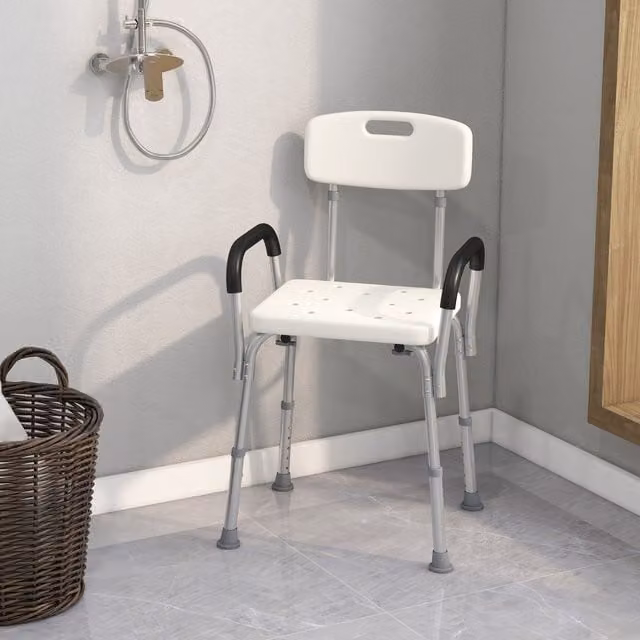 HOMCOM Lightweight Aluminium Portable Shower Bench with Backrest and Armrests in White