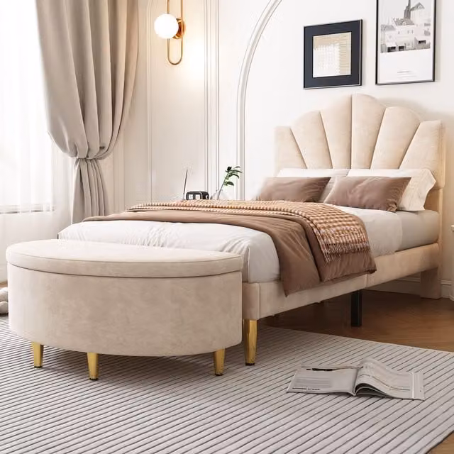 Matteo Beige Velvet Upholstered Single Bed with Storage Bench