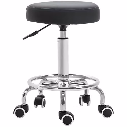 Vinsetto Round PU Leather Adjustable Height Salon Stool with Castors, Black – 1