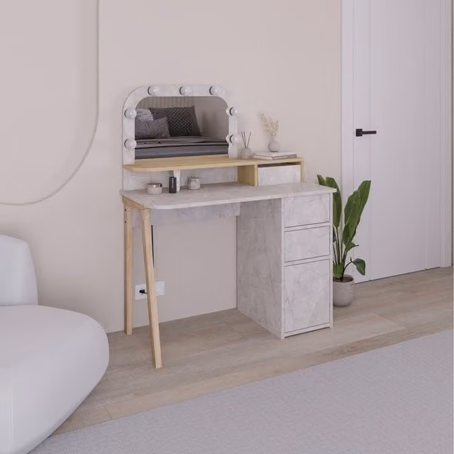 Avien Modern Dressing Table with Hollywood LED Light-Up Mirror in Gold Marble Effect