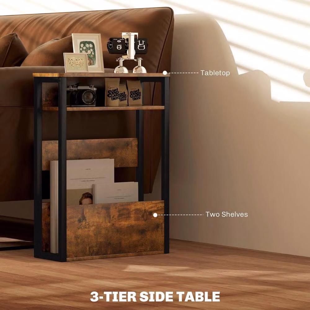 FORGEVIO Narrow Side Table with Storage Shelves in Brown and Metal – 4
