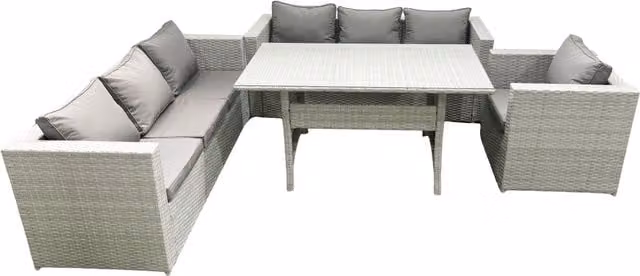 Fimous 4 Piece Outdoor Rattan Sofa Set with Cushions and Dining Table in Light Grey