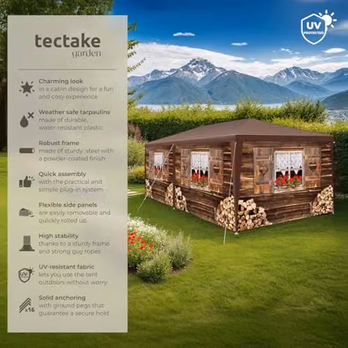 tectake Alpine Hut Design Garden Gazebo in Brown with Removable Side Panels and Windows, W/D/H: 600 x 300 x 250 cm – 2