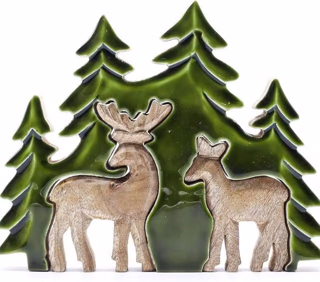 KDMD Lost in the Forest Two Deer 3D Wooden Tabletop Decor, Dark Green Mango Wood, W/H: 18 x 23 cm