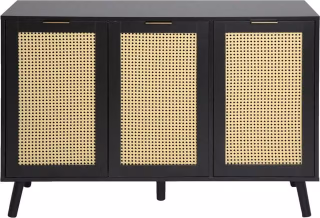 Craven 3 Door Black Lacquered Cane Cabinet with Mid-Century Geometric Design
