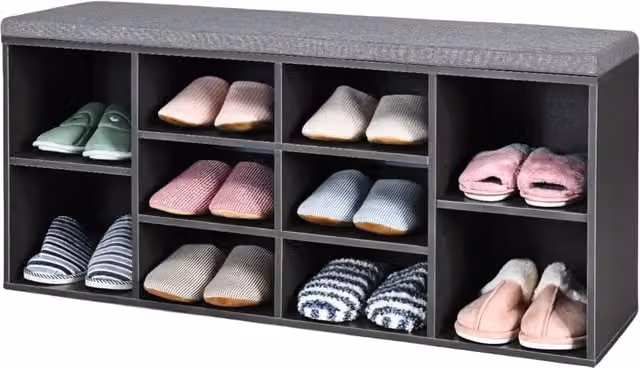 Pirlo Plush Grey Wooden Shoe Storage Bench with Cushioned Fabric Seat, Width: 104 cm