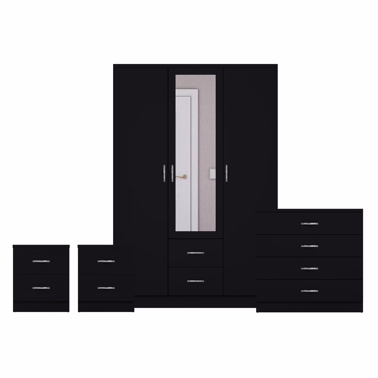 Vida Designs 4 Piece Modern Black Bedroom Set Including 2 Bedside Tables, 4 Drawer Chest and 3 Door Mirror Wardrobe – 2