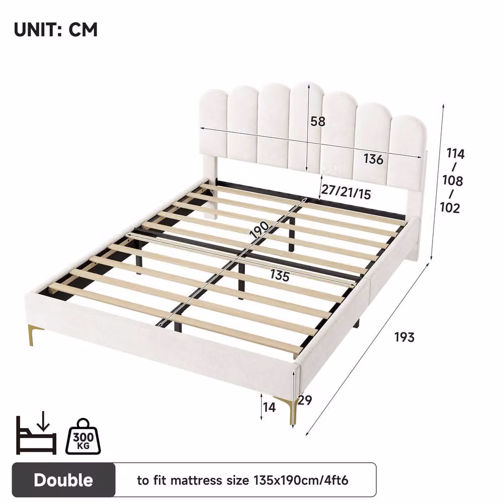 Matteo Double Velvet Upholstered Bed Frame with Scalloped Headboard in Beige and Gold, W/D/H: 140 x 200 cm – 2