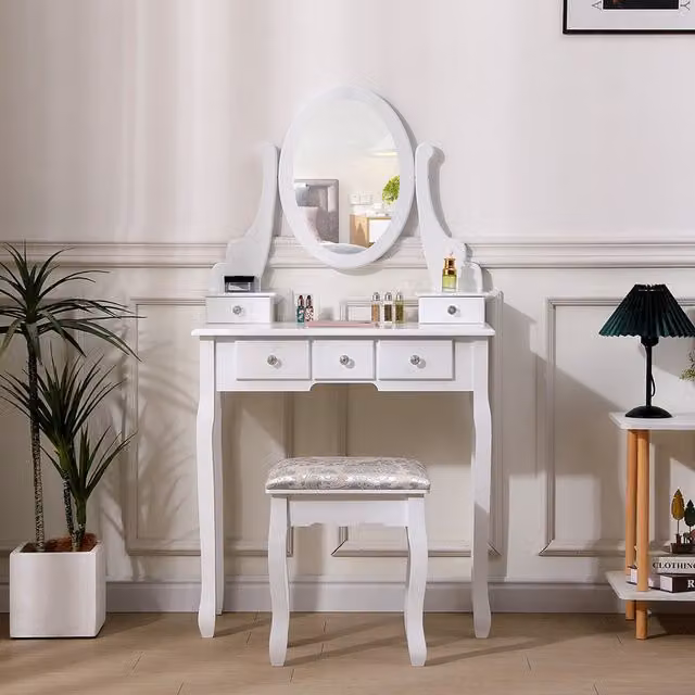 Komore Modern White Makeup Vanity Desk with Mirror and Stool, Width: 138.5 cm