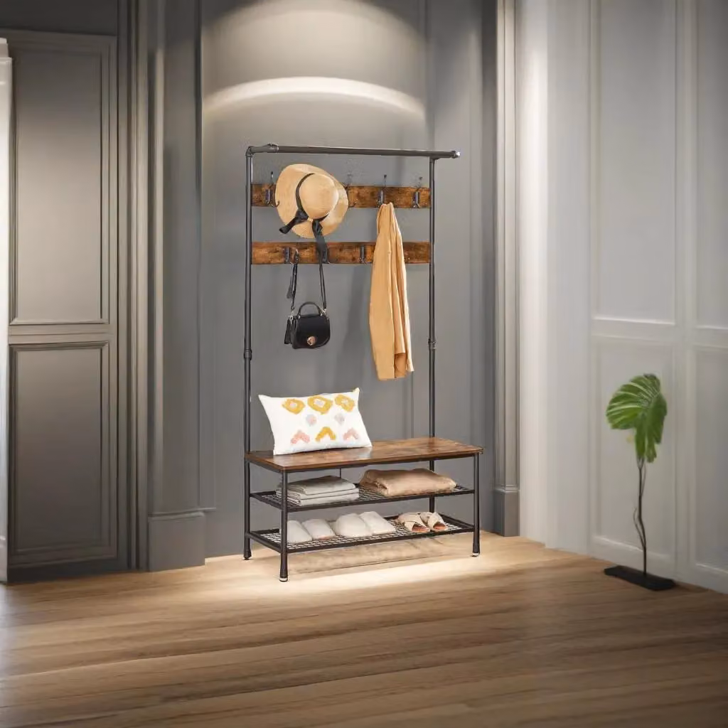 Modcraft Industrial Hall Tree with Bench and Shoe Rack in Brown Oak and White – 3