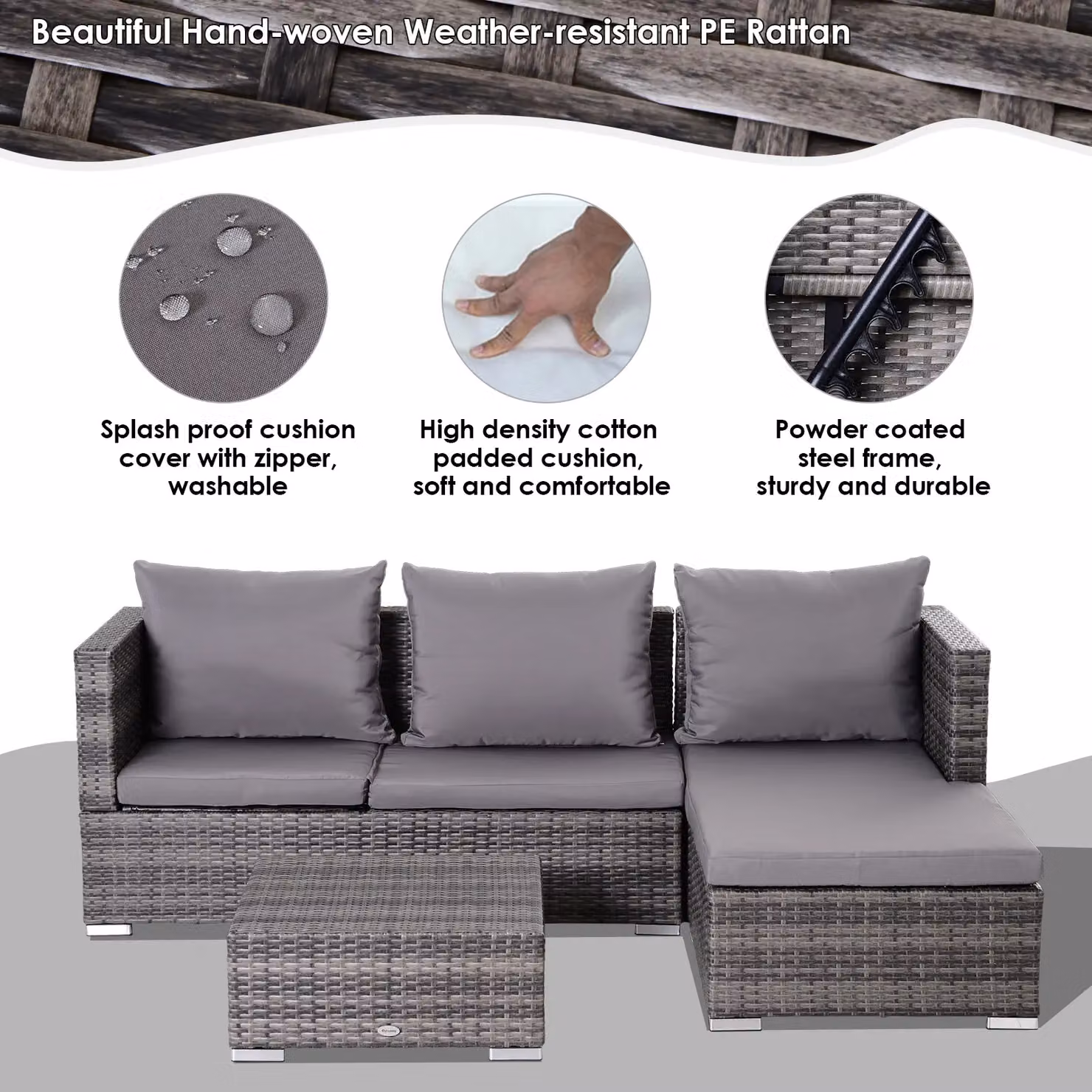 Outsunny 3 Piece Grey PE Rattan Reclining Sofa Set with 2 Loveseats – 4