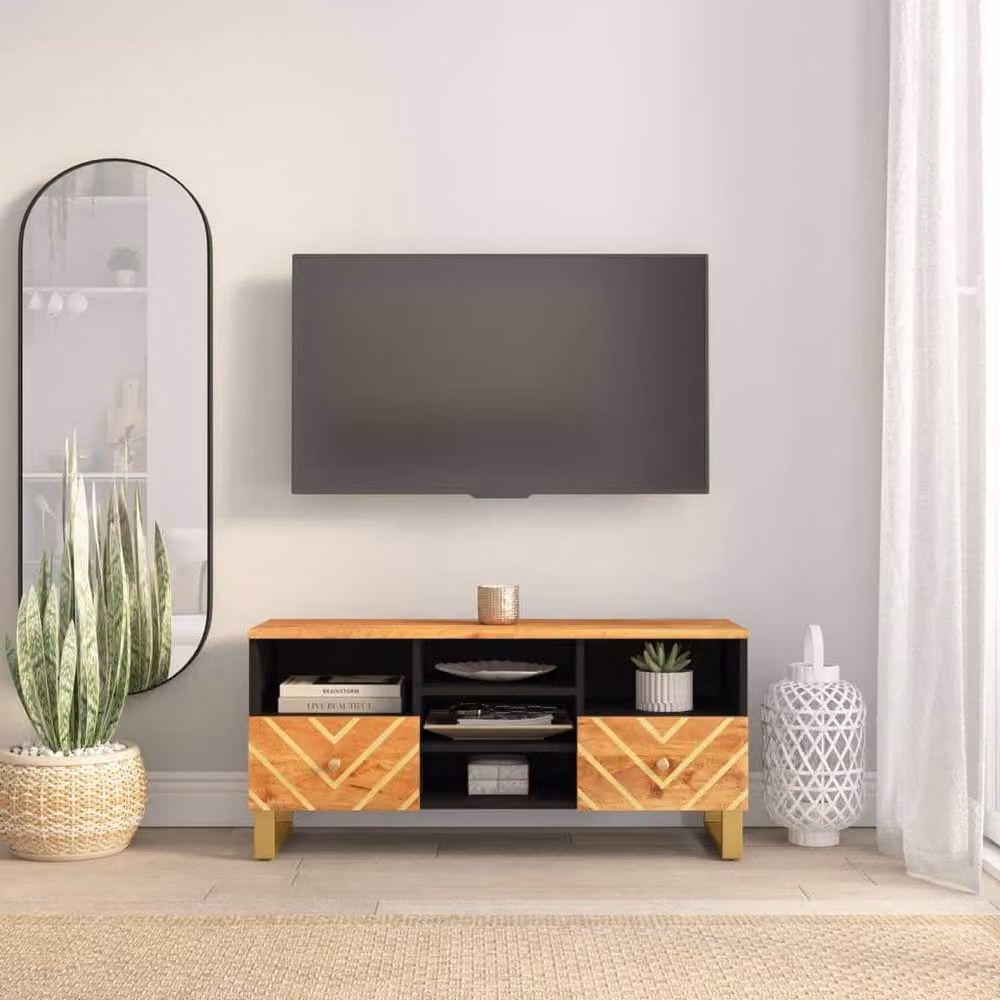 Berkfield Home Mango Wood TV Cabinet in Brown and Black, W: 100 cm, D: 33.5 cm, H: 46 cm – 2