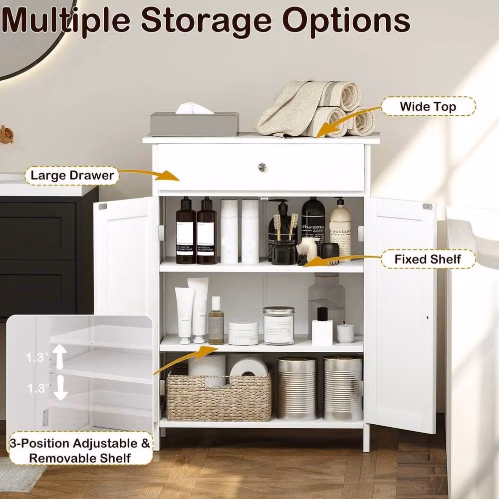 KORVIXA Freestanding White Bathroom and Living Room Storage Cabinet with Hinged Doors, Internal Drawers and Shelves, W/D/H: 80 x 60 x 1.2 cm – 3