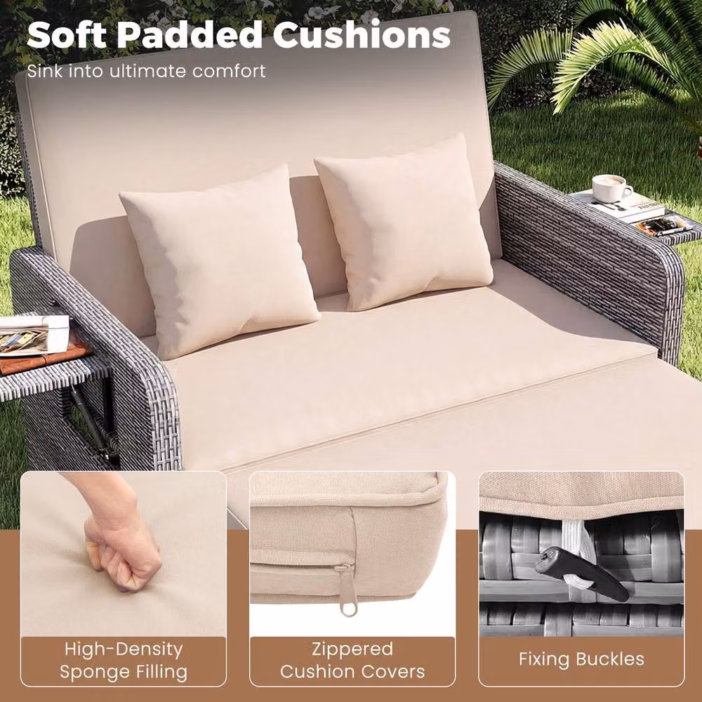 Costway 2-Piece Grey PE Wicker and Metal Patio Rattan Daybed Set with Adjustable Backrest – 4