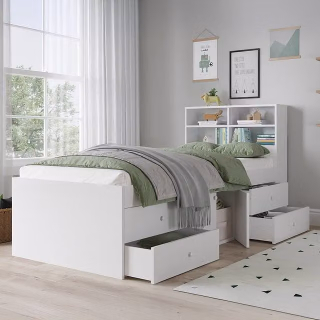 KIDSAW Single Storage Bed with Bookcase Headboard and 4 Drawers, White, W/D/H: 90 x 190 cm