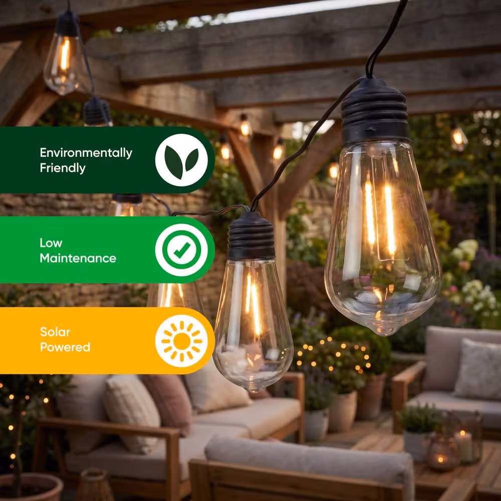 Gardenwize Solar Powered LED Filament Bulb String Lights, Warm White, Black – 4