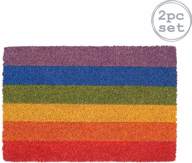 Nicola Spring Rainbow Striped Coir Door Mats, Pack of 2, Multicolour, W: 90 cm, D: 60 cm