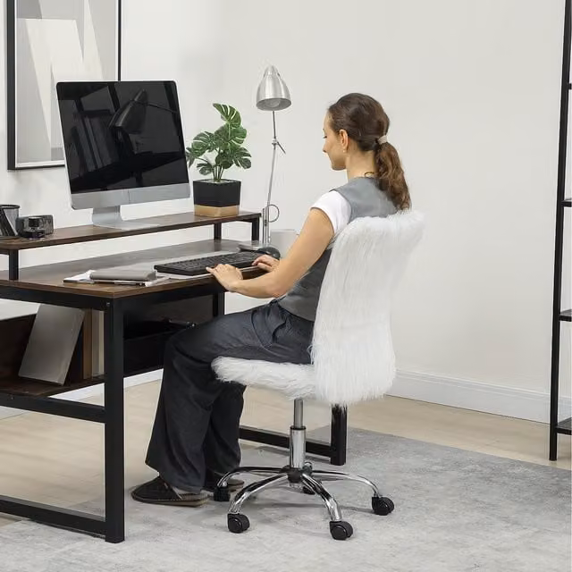 HOMCOM Modern Plush White Fabric Vanity Chair with Adjustable Height and 360 Degree Swivel