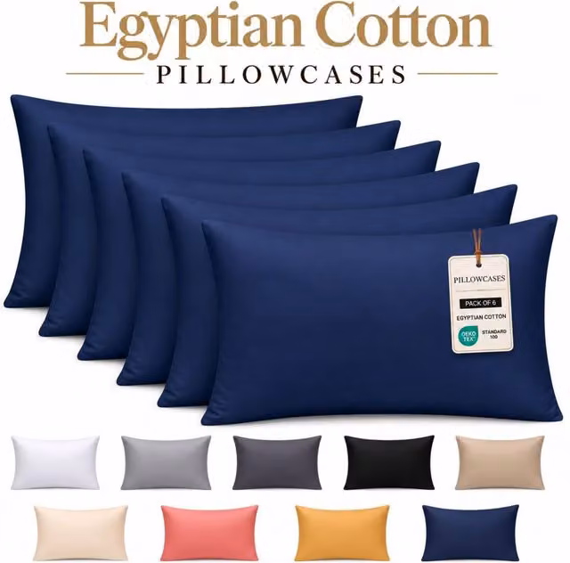 Pamposh Pack of 6 Navy Blue Egyptian Cotton Mako Satin Pillowcases with Envelope Closure, 400 Thread Count