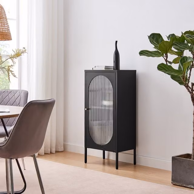 FurnitureboxUK Urbi Small Industrial Metal Cabinet in Black and Gold with Glass Hinged Doors and Internal Shelves